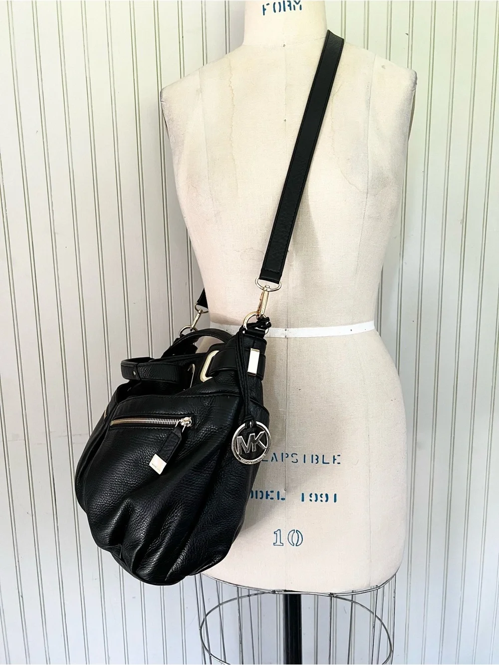 Michael Kors Pebbled Leather Black Zipper Front Satchel with Crossbody Large